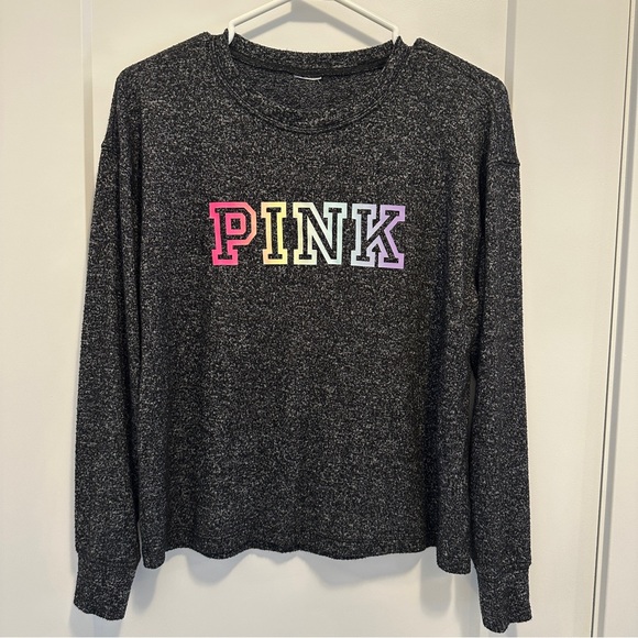 PINK Victoria's Secret Tops - PINK Victoria’s Secret Black Heathered Long Sleeve T-shirt Neon Logo Size Small